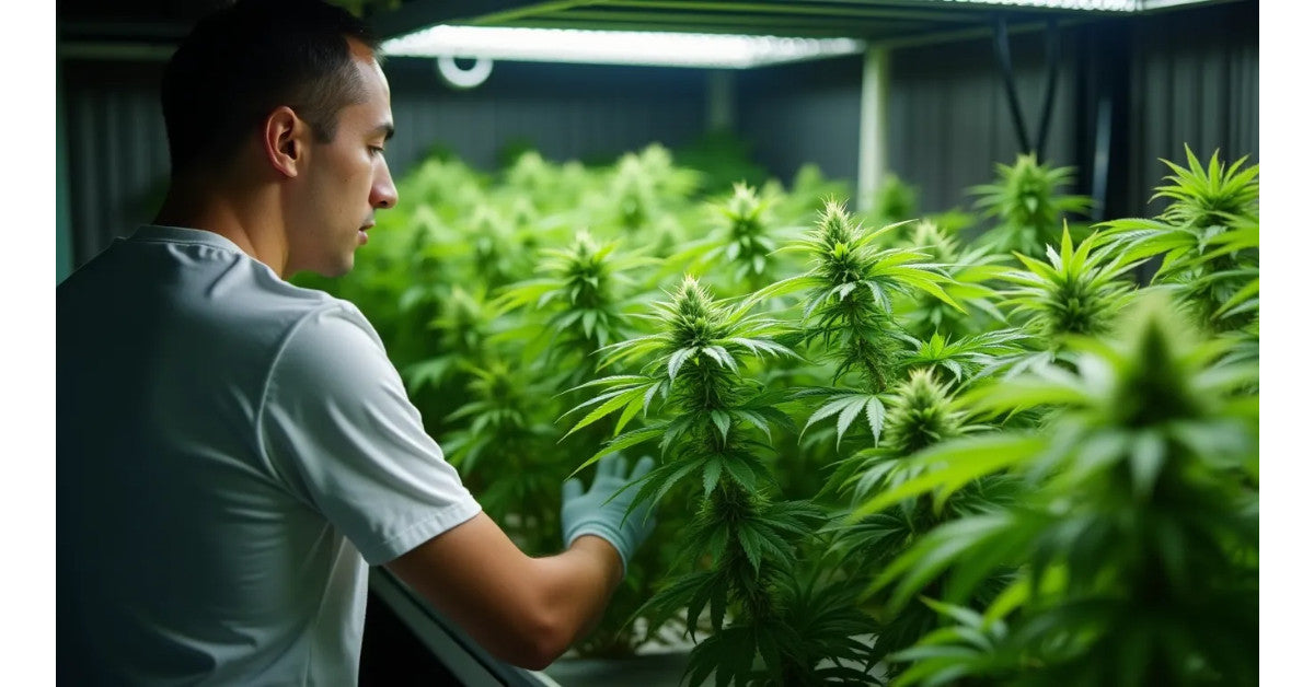 Indoor-Grow-Setup mit gesunden Cannabispflanzen unter LED-Licht – perfekte Bedingungen für den Anbau von Cannabis