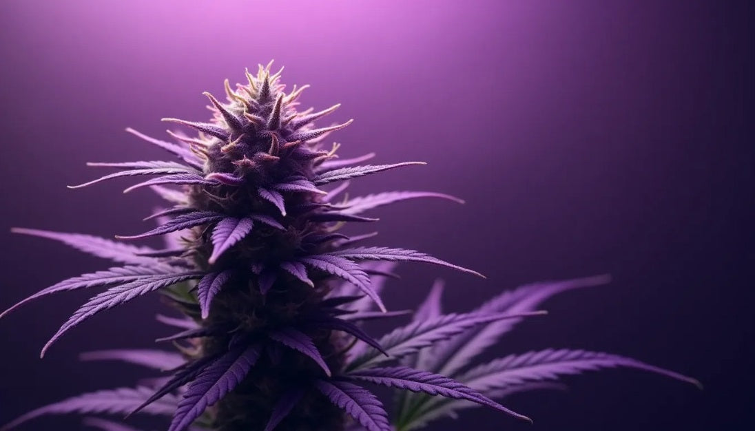 Blühende Cannabispflanze unter violetten Licht