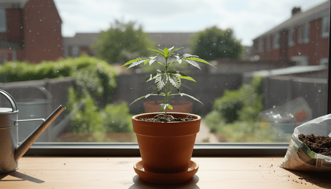 Cannabispflanze auf der Fensterbank
