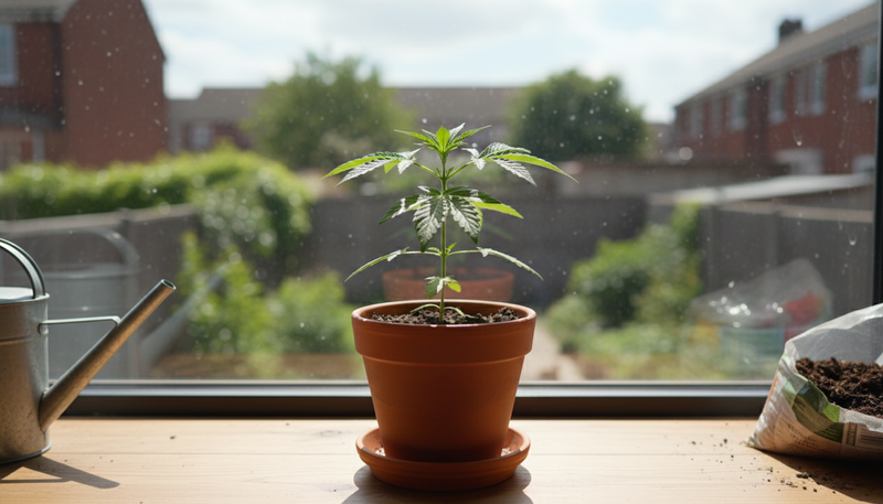 Cannabispflanze auf der Fensterbank