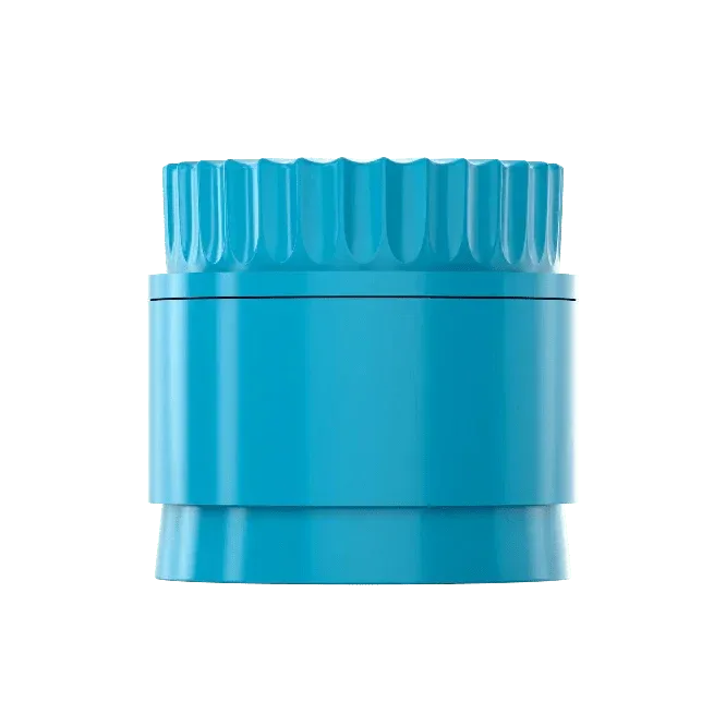 blauer Keramik Grinder mit Wellenschliff mit edlem Growmiez Logo auf dem Deckel