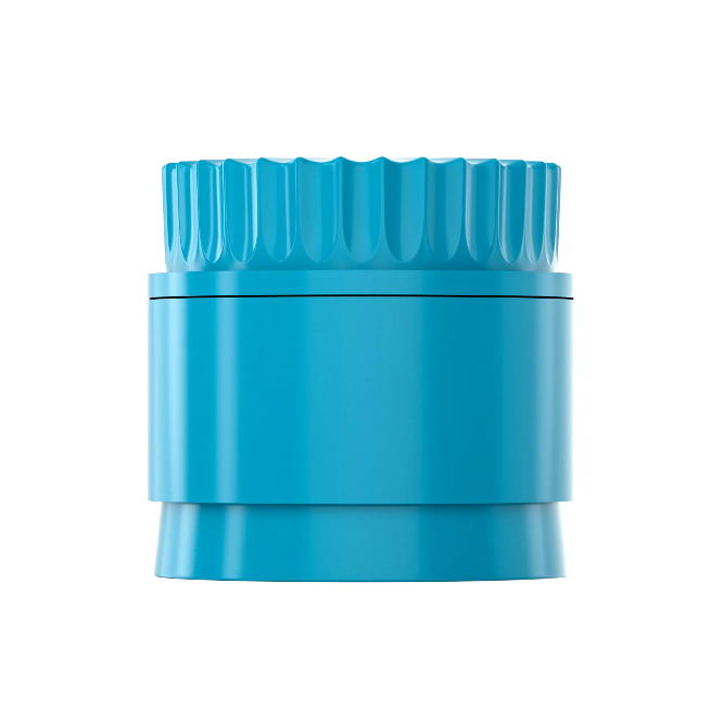 blauer Keramik Grinder mit Wellenschliff mit edlem Growmiez Logo auf dem Deckel